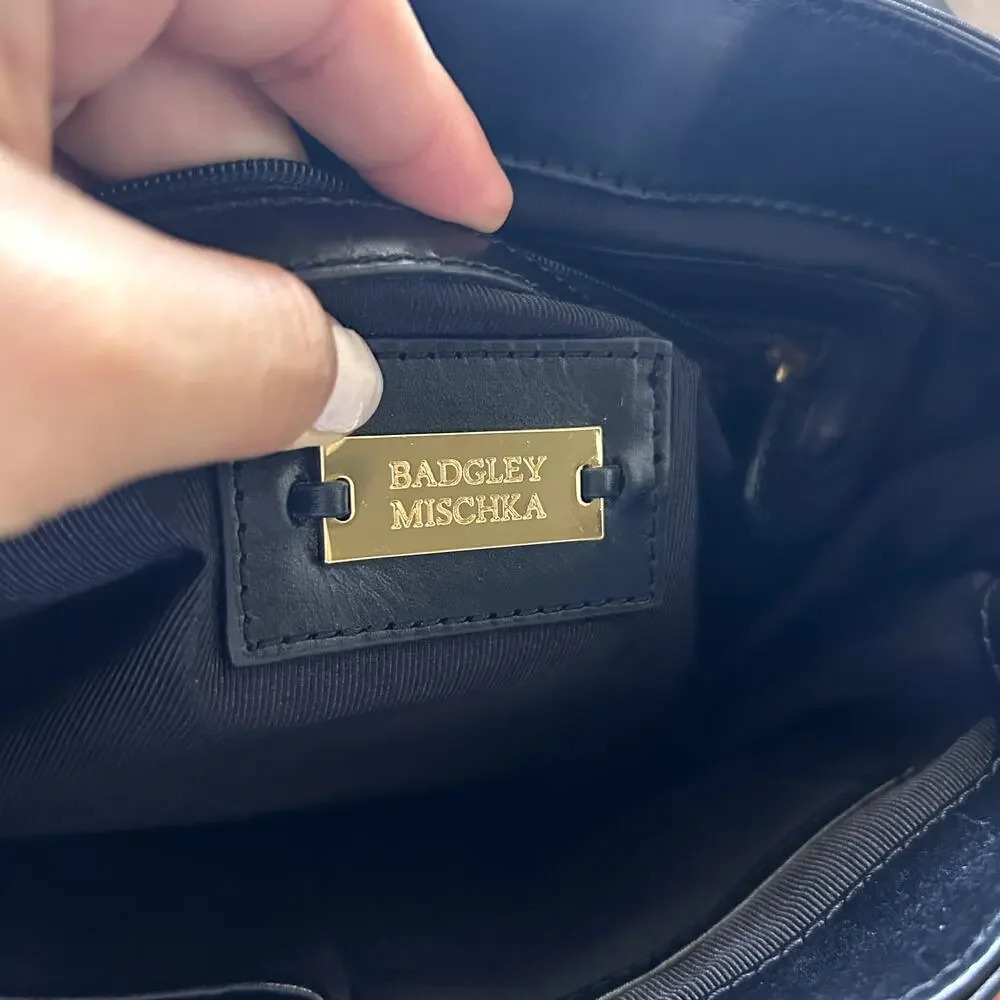 Badgley Mischka Keyra Satchel Black Leather Gold Turnlock Classic Handbag